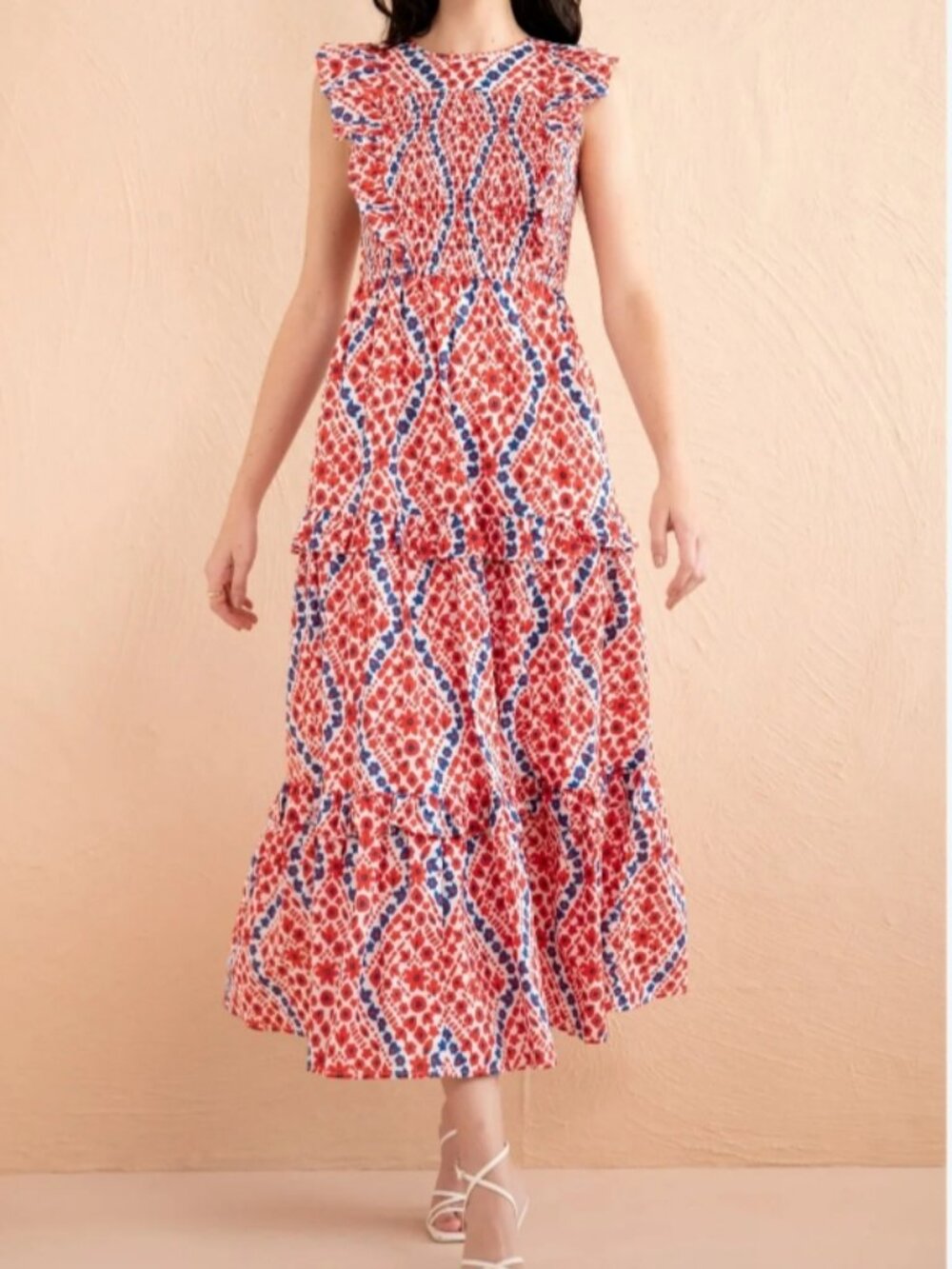 Banjanan Iris Smocked Tiered Midi Dress In Athena Heart Poppy Medium NEW